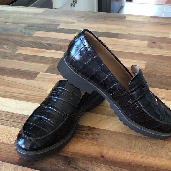Cole Haan Shoes - Cole Haan Brown Croc-Embossed Penny Loafers